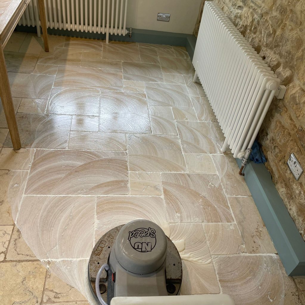 Brilliant results on Travertine tiles & flagstone floors in Cheltenham 6 Agitation of Travertine Flooring by Green Man