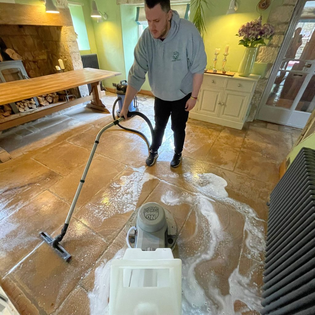 Brilliant results on Travertine tiles & flagstone floors in Cheltenham 8 Professional cleaning of travertine flagstone flooring