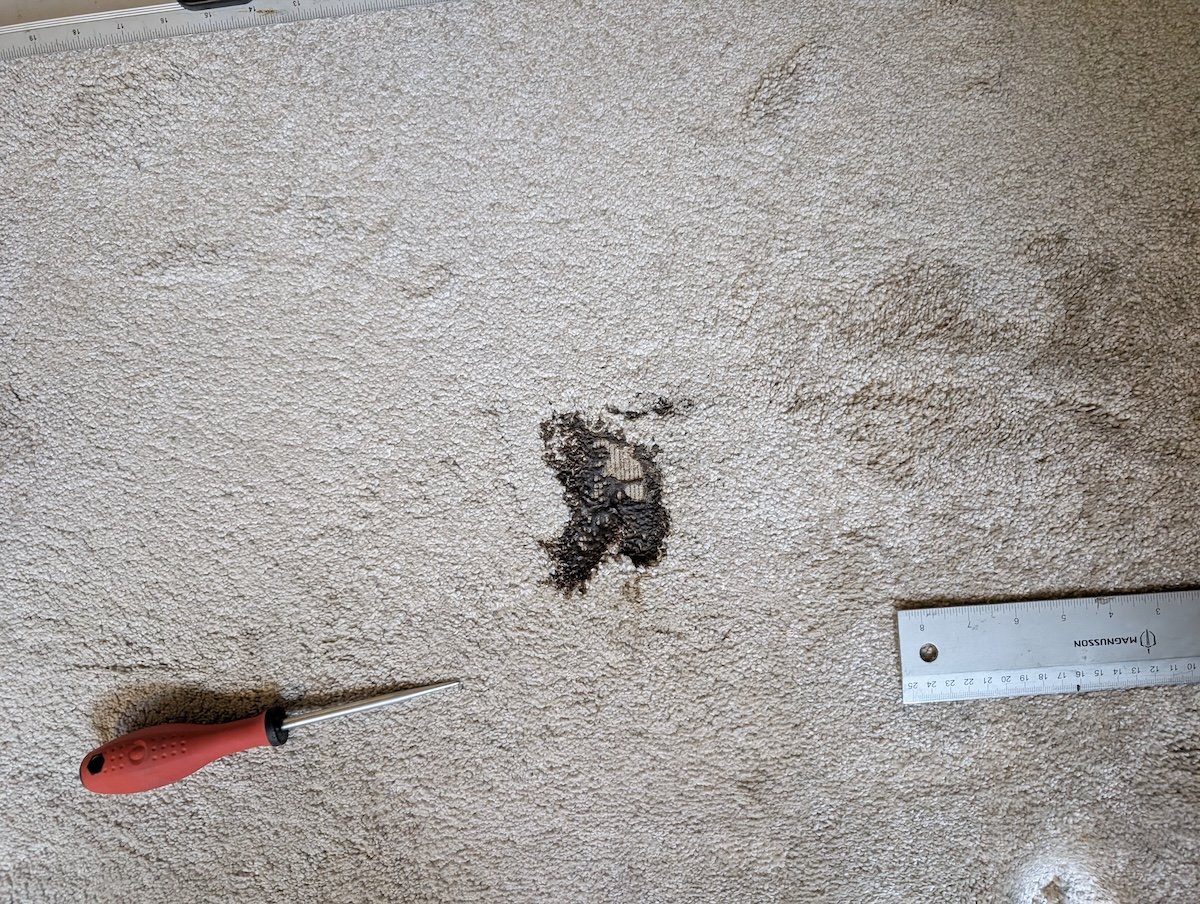Burn from fire on wool carpet before repair 1